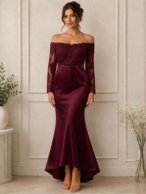 Burgundy Lace Off Shoulder Maxi Dress M Formal Evening Wedding Guest Gown